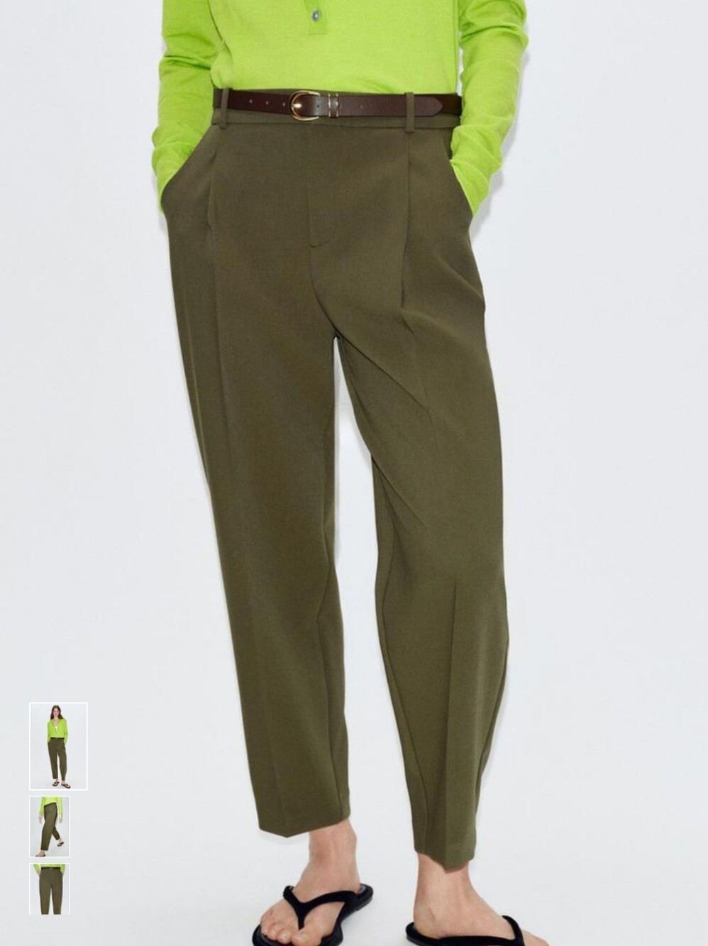 Zara Olive Green Pleated Pants With Belt